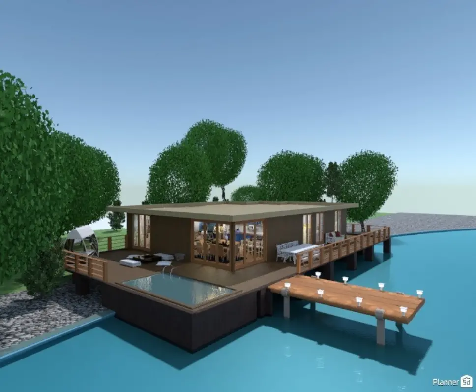 garden with a lake and terrace